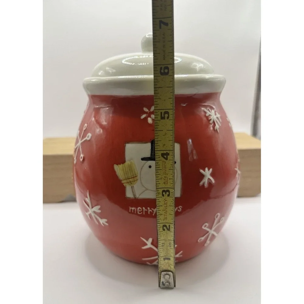 Hallmark Merry Days Red Ceramic Cookie Jar & Lid Snowman & Snowflakes 7.5